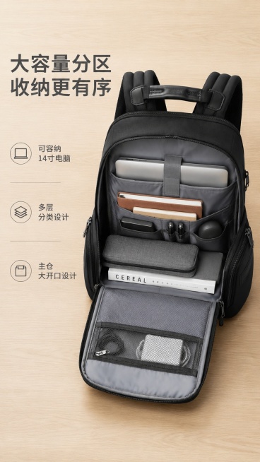 [第5屏] 容量收纳展示页，展示轻奢商务双肩背包内部大容量收纳功能。本屏使用【图2】作为主体参考
[标题版式] 主标题左侧通栏排列，右侧展示打开的背包内部，留白合理
[氛围/风格] 实用展示风，清晰干预览效果