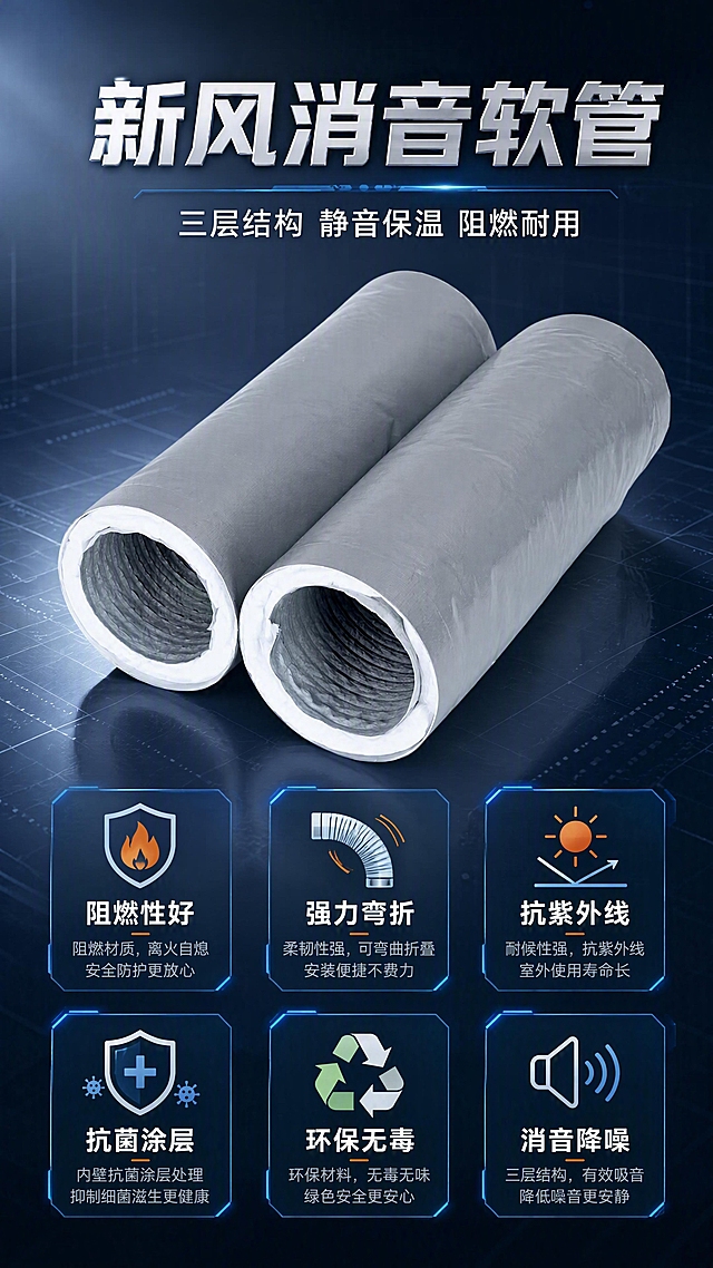 [第1张] 详情页头图-新风消音软管产品全貌+六大核心卖点总览。本张使用【图1】作为商品主体。
[氛围/风格] 工业科技风，专业严谨，五金建材商业摄影质感，深灰蓝色调，突出产品结构与材质质感。
[元素布局] 两根灰色新风消音软管斜向摆放于画面中下部，占比约55%-60%，管口朝向观众展示内部多层结构；产品保持原图的灰色外观、白色包边、内部波纹结构，物理结构比例轮廓一致；背景为深灰蓝色渐变工业风背景，带有微弱的科技网格线条和光效；画面上方留标题区，下方和两侧分布六个卖点图标卡。
[光影质感] 左上方45°主光照明，右侧辅光补光，底部自然投影，突出软管的圆柱体积感和表面材质纹理，管口内部结构清晰可见。
[配色色系] 全局底色 #1E2A38（深灰蓝）；主色银灰/深灰产品；辅助色 #00B4D8（科技蓝）高亮、白色文字；点缀色橙红警示色。
[视角构图] 微俯视45°角，产品为视觉中心，阅读动线从上标题→中部产品→下方六宫格卖点。
[文字版式] 顶部大标题「新风消音软管」，副标题「三层结构 静音保温 阻燃耐用」；下方六宫格图标卖点，2行3列排列，每格含图标+4字标题+小字说明：1.阻燃性好 2.强力弯折 3.抗紫外线 4.抗菌涂层 5.环保无毒 6.消音降噪；文字清晰可读，不遮挡产品主体。
[比例分辨率] 9:16 竖版比例，4K分辨率，文字清晰可辨，高清画质。
[负向提示词] 产品变形，颜色偏差，缺件错件，结构错误，水印，文字错乱，文字过小，产品图模糊，背景杂乱。