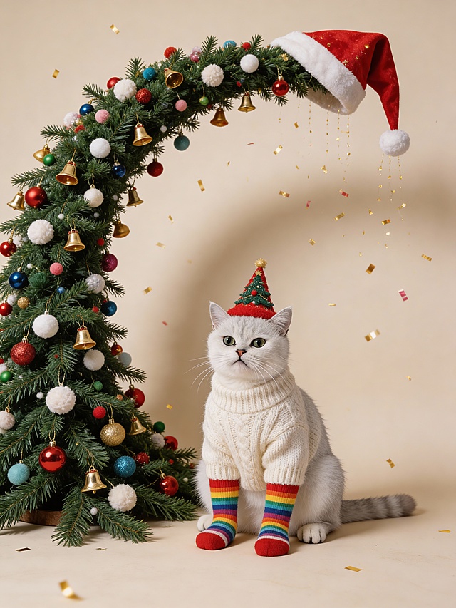软3D风拟人猫戴圣诞帽，穿毛衣彩虹袜，坐于装饰华丽的圣诞树旁，金箔飘落，暖色背景营造温馨喜庆氛围，充满节日趣味与可爱感。