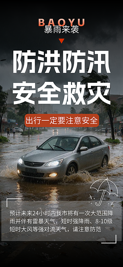 防洪防汛暴雨台风天出行安全警示信息知识海报
