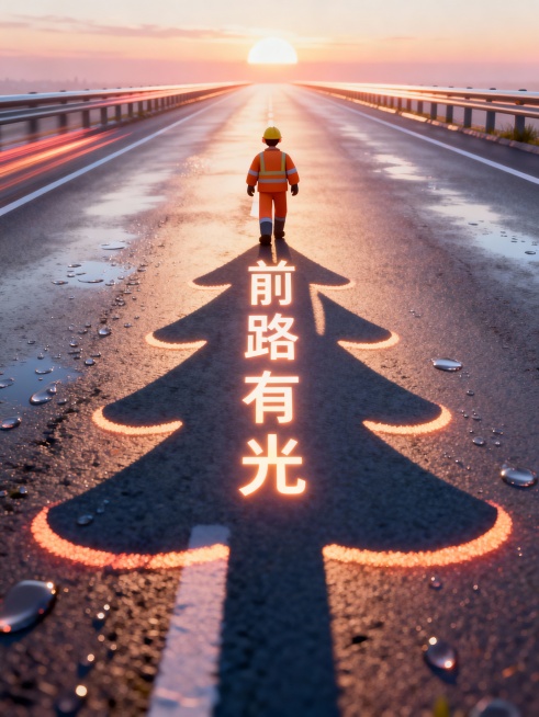背景：一条向前延伸的公路（清晨光线）
远处日出，路面有露水反光。环卫工人走在道路的前方，晨光照耀在环卫工人身上拖出长长的影子，影子形状成圣诞树，边缘晨光描绘。圣诞树中间竖排发光具有透视效果文字“前路有预览效果