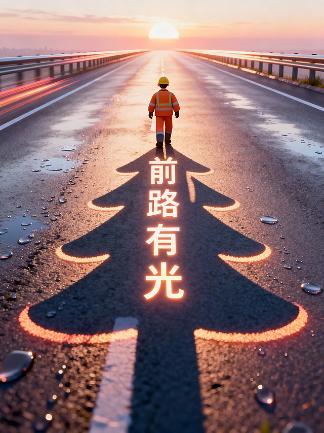 软3D风格，工人背影与光绘圣诞树融合，霓虹字“前路有光”辉映日落，粒子光效点缀湿路，寓意希望与前行，节日氛围中透出励志光芒。