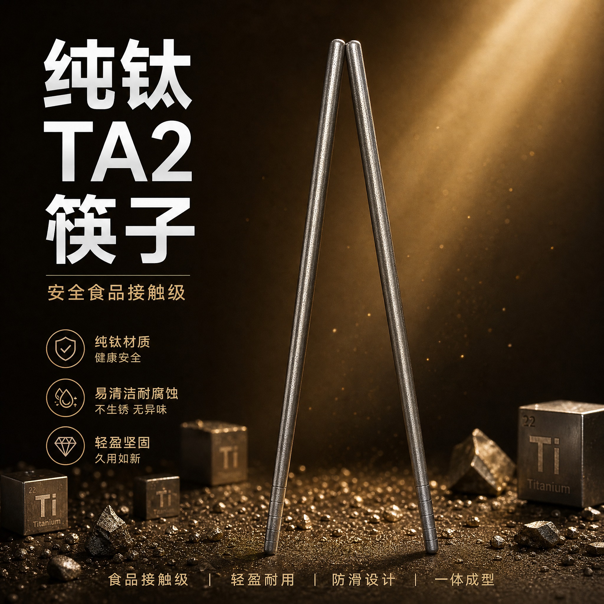 [主图-1] 纯钛TA2筷子首图，高级金属质感生活场景，突出产… - 图片创意预览