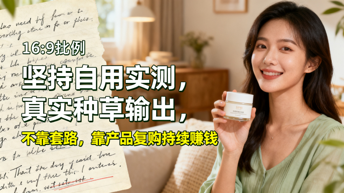 创作一张16:9比例的海报，主副标题分明，主标题突出，主要文案是"坚持自用实测，真实种草输出，不靠套路，靠产品复购持续赚钱"。画面内容：温暖真实生活场景，博主手拿着产品进行展示分享，背景是温馨居家环境预览效果