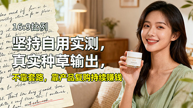 创作一张16:9比例的海报，主副标题分明，主标题突出，主要文案是"坚持自用实测，真实种草输出，不靠套路，靠产品复购持续赚钱"。画面内容：温暖真实生活场景，博主手拿着产品进行展示分享，背景是温馨居家环境，搭配真实手写笔记元素，风格真诚可信，自然清新构图。