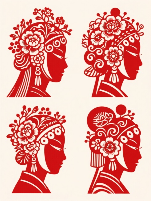 四组规整排布的剪纸人像，均为中国传统剪纸风格，红色单色，分别是不同造型样式的戏曲旦角侧脸剪影，头部装饰各异的繁复华丽花卉纹样（含盛开牡丹与卷曲藤蔓），发丝与花卉图案相互缠绕，线条流畅细腻，镂空雕花精湛，面部轮廓柔美、眉眼细长，构图饱满且具层次感，纯色背景，无文字、logo、水印预览效果