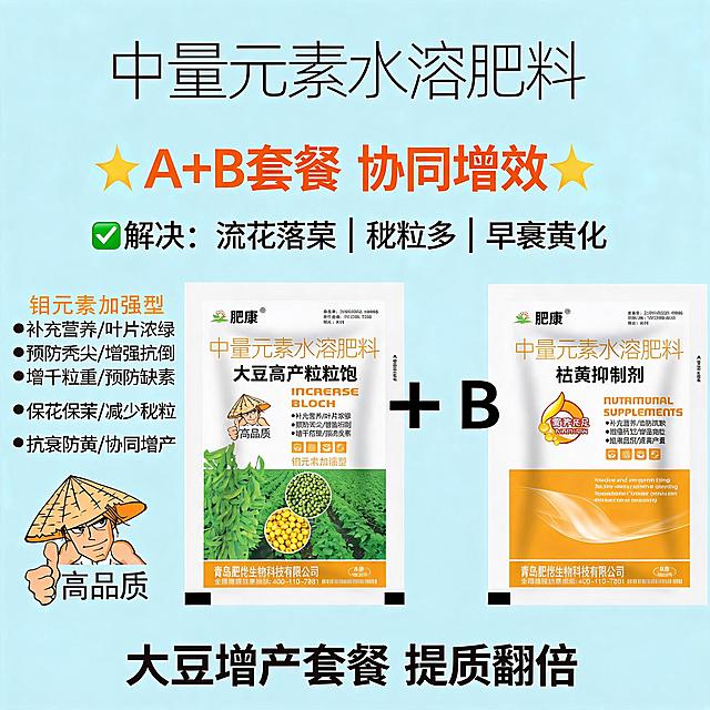 突出双剂协同增效，A+B搭配解决落花落荚、秕粒多、早衰黄化问题，大豆增产套餐宣传图，1:1主图