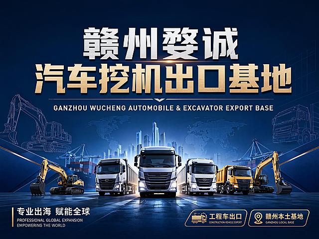 大气商务工业风品牌海报，主标题"赣州婺诚 汽车挖机出口基地"，副标题"GANZHOU WUCHENG AUTOMOBILE & EXCAVATOR EXPORT BASE"，左下角辅助文案"专业出海 赋能全球"，右下角卖点标签"工程车出口""赣州本土基地"，背景为简约深蓝工业风渐变，点缀少量工程机械线条元素，版式精美，构图居中对称，层级清晰，安全边距充足，文字清晰可读，整体商务专业，4:3比例