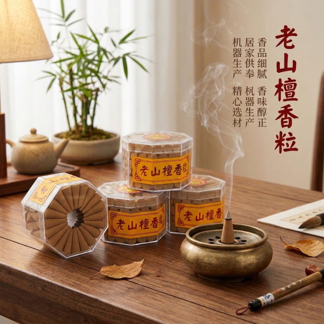 居家场景的桌面背景，上面摆放着香盘，盘中有正在燃烧的老山檀香塔，同时摆放着上传的老山檀香粒商品，图片上标注文字‘老山檀香粒’，还有文案‘香品细腻  香味醇正  居家供奉 机器生产 精心选材’，整体风格预览效果