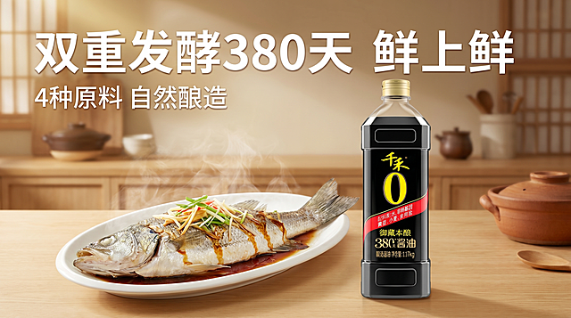 千禾0御藏本酿380天酱油大促海报，活动促销氛围，主体为图中的1瓶千禾酱油，产品形状保持不变，搭配一盘鲜香的清蒸鲈鱼，背景是适当虚化的日式厨房，突出380天酱油主体，海报文案是“双重发酵380天 鲜上鲜”和“4种原料 自然酿造”，简约干净有吸引力，比例16:9