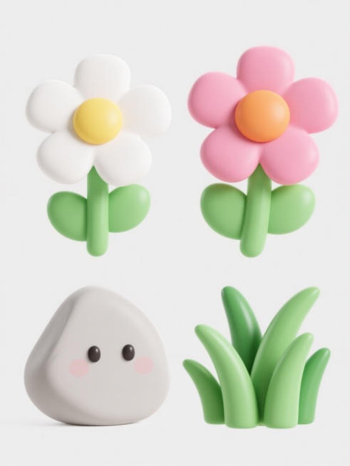 一组4个不同配色的3D材质可爱元素，包括一朵白色花瓣黄色花蕊的小花、一朵粉色花瓣橙色花蕊的小花、一块浅灰色的小石头和几片绿色的小草，所有元素都具有圆润的边角和光滑的表面质感，采用干净明亮的色彩搭配，符合现实逻辑的比例和形态，适合作为设计素材使用，整体风格清新可爱，背景为纯白色。预览效果