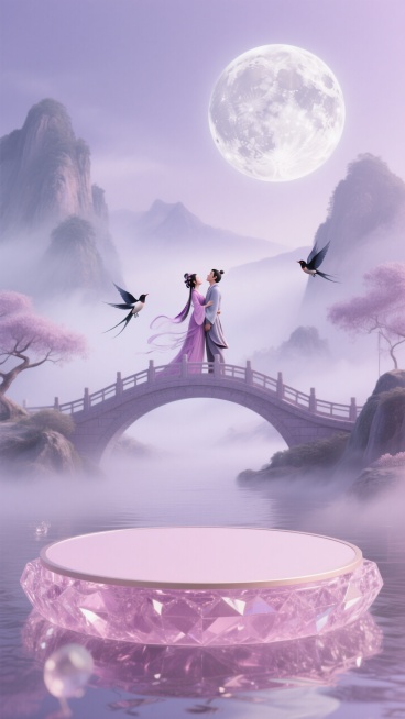 画面主体是淡粉色水晶质地圆形空的展台，背景是一些弥漫雾气的山水，山水中间有鹊桥，织女依偎在牛郎怀中桥上看月，一对喜鹊盘旋，银盘似的月亮挂在空中，淡紫柔和色调。预览效果