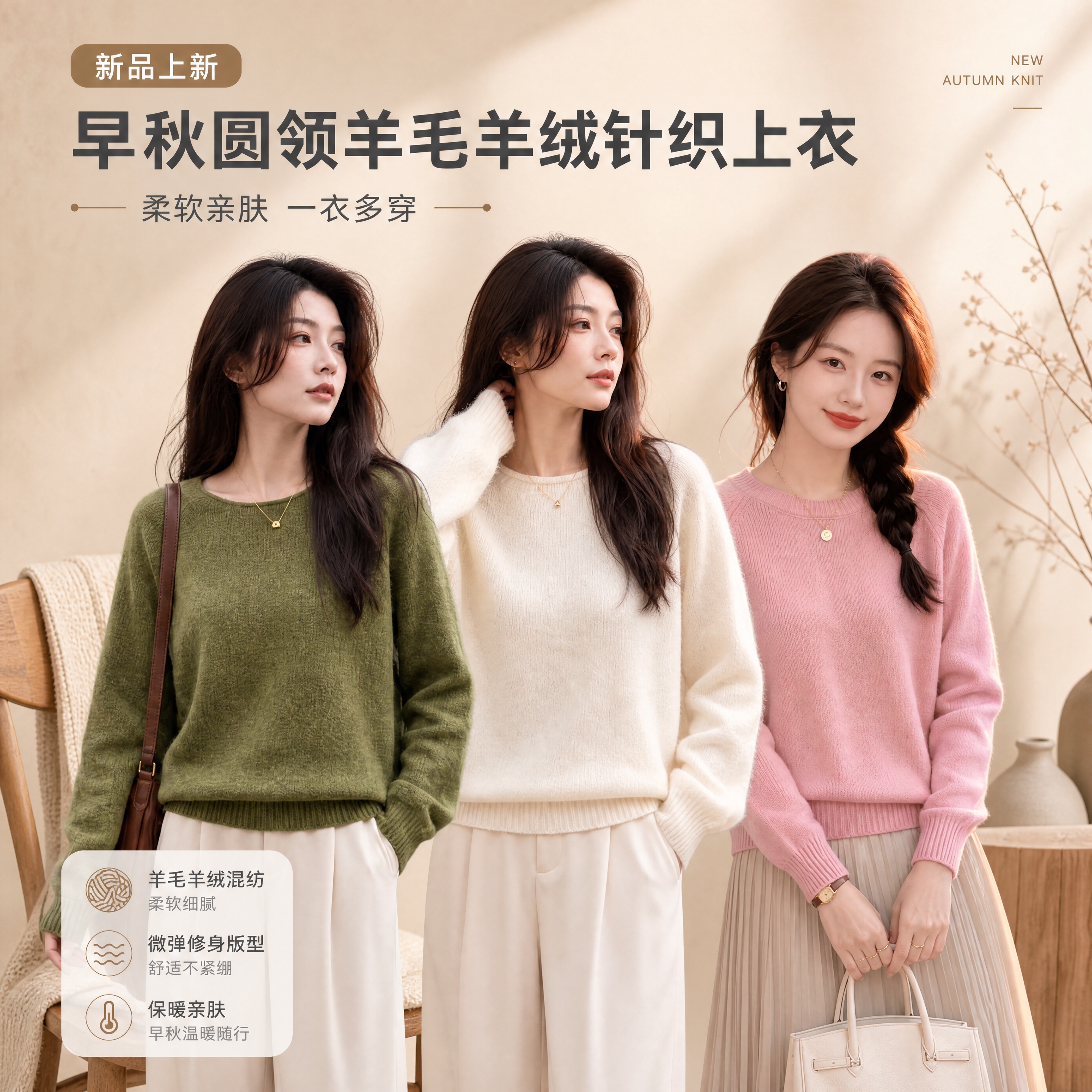 [商品] 使用【图1】【图2】【图3】的早秋圆领羊毛羊绒针织上… - 图片创意预览