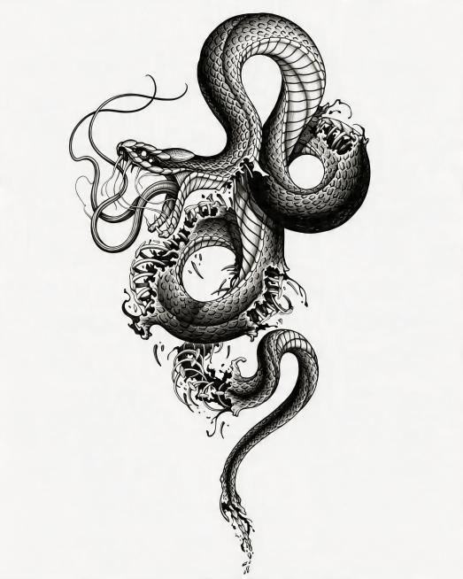 提高整个蛇形图案的整体清晰度，让所有鳞片和细节都更锐利清晰，将背景替换为纯白色底，保持黑白风格不变预览效果