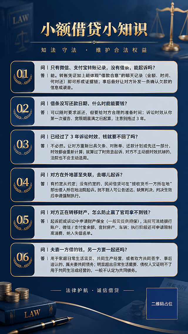 一张庄重正式的法律知识科普海报，竖版9:16比例。整体风格庄重大气、简洁大方，采用深蓝藏青色为主色调，搭配金色和白色文字，体现法律的威严与公正。与同系列法律科普海报保持统一视觉调性。

顶部为醒目的大标题区域，标题文字为"小额借贷小知识"，字体庄重有力，金色或白色，居中排列，标题下方有一条金色装饰横线。

背景为深蓝色渐变，带有淡淡的法律与金融相关抽象元素点缀，如天平图案、法典轮廓、钱币剪影、契约卷轴等，以低透明度方式融入背景，不喧宾夺主。

主体内容区分为6个问答卡片，从上到下依次排列，每个卡片为浅色半透明底框，带有细微金色边框，卡片内左侧标注序号01-06。卡片排版紧凑但不拥挤，确保6组内容完整呈现。

每个问答卡片包含：
- 问题用加粗深色字体，开头标注"问｜"
- 回答用常规字体，开头标注"答｜"

6组问答内容严格如下，一字不改：

01
问｜只有微信、支付宝转账记录，没有借条，能起诉吗？
答｜能。转账凭证加上能体现"借款合意"的聊天记录（金额、时间、何时还）即可形成证据链；事后最好让对方补发一条确认欠款的信息或语音。

02
问｜借条没写还款日期，什么时候能要钱？
答｜可以随时要求返还，但要给对方合理的准备时间；诉讼时效从你第一次催告、宽限期届满之日起算，注意别拖过 3 年。

03
问｜已经过了 3 年诉讼时效，钱就要不回了吗？
答｜不必然。让对方重新出具欠条、对账单、还款计划或先还一部分，时效都会重新计算；就算过了时效去起诉，对方不主动提时效抗辩的，法院也不会主动适用。

04
问｜对方在外地甚至失联，去哪儿起诉？
答｜有约定从约定；没有约定的，民间借贷可在"接收货币一方所在地"即出借人所在地法院起诉。找不到人可公告送达、缺席判决，判决生效后申请强制执行。

05
问｜对方正在转移财产，怎么防止赢了官司拿不到钱？
答｜起诉前或诉讼中申请财产保全（一般需提供担保），法院可冻结银行账户、微信 / 支付宝余额，查封房产、车辆；执行阶段还可申请限制高消费、纳入失信名单。

06
问｜夫妻一方借的钱，另一方要一起还吗？
答｜用于家庭日常生活需要、共同生产经营，或者双方共同签字、事后追认的，属夫妻共同债务；明显超出日常生活需要、债权人又证明不了用于共同生活或经营的，一般不认定为共同债务。

版式精美，排版整齐，文字清晰可读，字号适中，四周留有安全边距。整体色调统一，庄重大气，符合法律科普的正式感。画面中所有数字必须精确渲染，不得错位、遗漏或编造。画面中所有信息区域必须填充完整合理的内容，不得出现空白框、空白占位。画面中所有二维码区域使用纯色方块占位符呈现，方块中央标注"二维码占位"文字，严禁生成任何可识别的二维码图案。