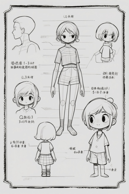 帮我生成图片：
按照下面描述生成头身比例线稿图：
1.Q版	1 ~ 3头身	头部巨大，身体极度简化，追求极致可爱与搞笑。	
2.萌系/卡通化	3 ~ 5头身	头身比依然夸张，身体线条圆润流畅，细节更丰预览效果