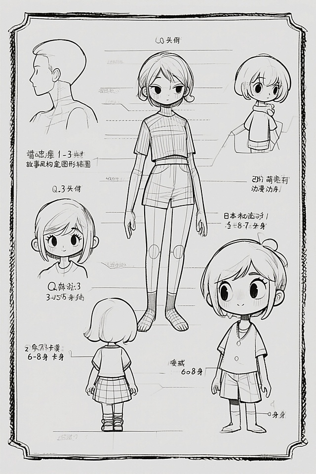 帮我生成图片：
按照下面描述生成头身比例线稿图：
1.Q版	1 ~ 3头身	头部巨大，身体极度简化，追求极致可爱与搞笑。	
2.萌系/卡通化	3 ~ 5头身	头身比依然夸张，身体线条圆润流畅，细节更丰富，强调“萌”属性。	
3.日系动漫	5 ~ 7头身	比例理想化，标志性大眼睛和复杂发型，线条清晰，色彩分明。	
4.美式卡通	比例多变 (2~8头身)	风格自由，强调几何形体、弹性变形和夸张表演。	
5.半写实/风格化	6 ~ 8头身	基于真实比例进行艺术化夸张与提炼，