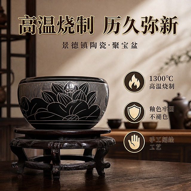 [主图-2] 景德镇陶瓷聚宝盆 工艺卖点图 突出1300度高温烧制不褪色核心卖点。
[统一基调] 新中式国风高端雅致风格，深棕实木家具与米白墙面构成的中式书房/茶室背景，主光源从右上方斜射形成柔和光影，主标题用粗黑宋体大字金色描边，辅助文字用深褐色宋体，整体色调沉稳大气有质感。
[画面] 景德镇陶瓷聚宝盆略微侧转角度，展示盆身侧面完整的莲花刻绘纹饰带，主体占画面约60%，放置在深色实木底座上。画面右侧或下方用三个中式图标+文字的形式展示三大卖点：1.火焰图标配"1300℃高温烧制"，2.盾牌图标配"釉色牢固不褪色"，3.手掌图标配"手工刻绘工艺"。背景为虚化的中式茶室环境，有木质茶桌和茶具虚化轮廓。
[光影质感] 商业摄影级质感，侧光突出刻绘线条的凹凸立体感，黑色釉面反光自然，陶瓷质地厚重温润，光影层次丰富，细节清晰可见。
[配色] 深棕木色+墨黑+米白为主色调，金色图标点缀，背景低饱和度，整体色调统一。
[文字版式] 画面上方大标题"高温烧制 历久弥新"，下方三个卖点图标横向或纵向排列，每个图标配一行说明文字。文字均为深褐色宋体，标题字号最大，卖点说明文字缩小50%以上。文字放在产品周围的负空间，不遮挡主体。
[输出要求] 1:1正方形比例，文字清晰可读，产品清晰不变形，无水印，无平台logo，无错字，画面干净有品质感。