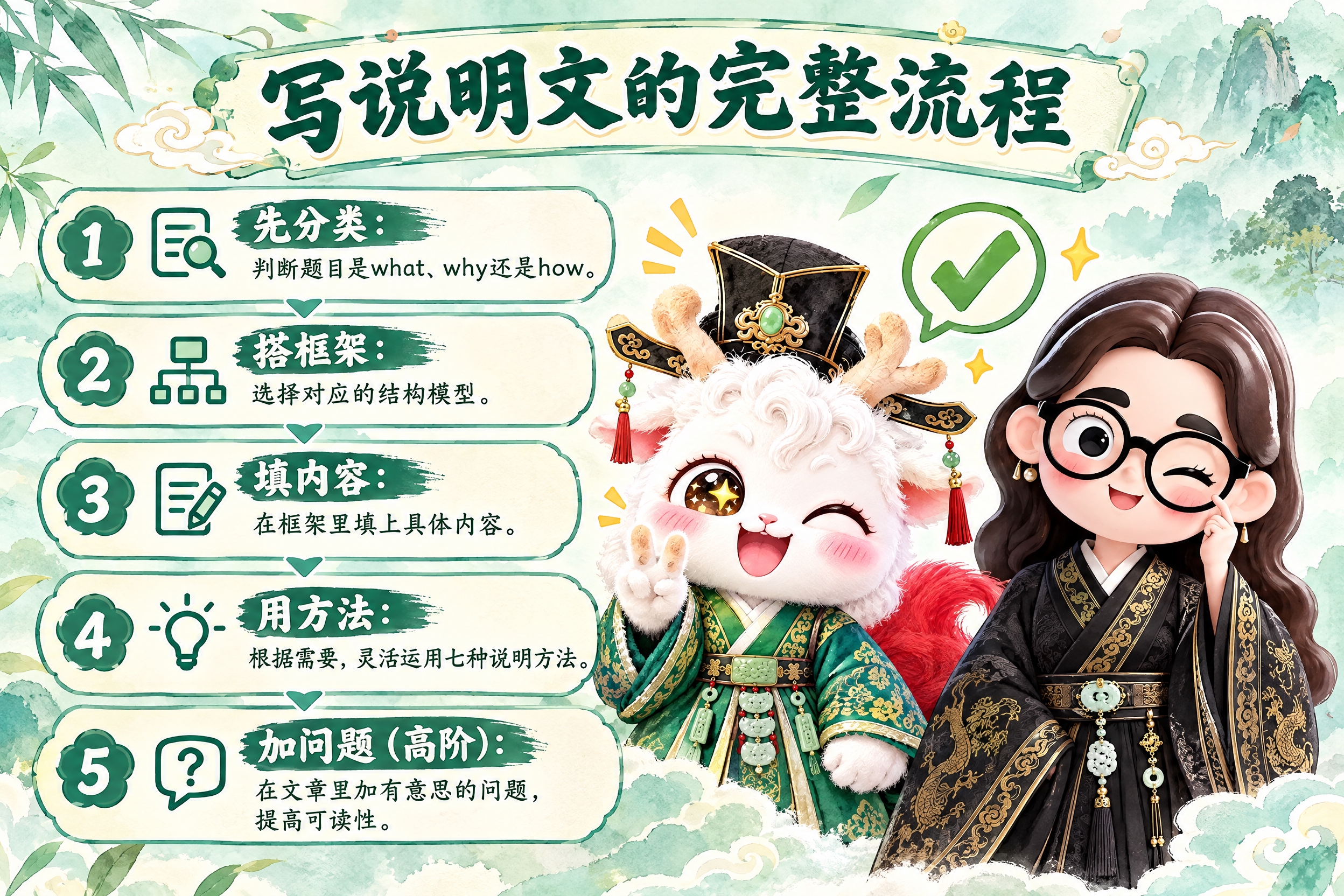 横版6寸比例的知识卡片设计，标题为"写说明文的完整流程"，内容… - 图片创意预览