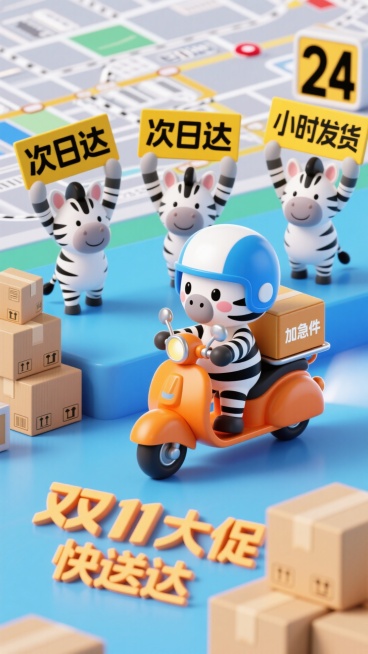 主视觉为戴物流头盔的小斑马，骑着电驴运送 “加急件”，身后跟着 3 只举 “次日达” 牌子的小斑马，俯视视角，背景有物流路线图、“24 小时发货” 标识和包裹堆，画面下方是 3D 立体文字 “双 11预览效果