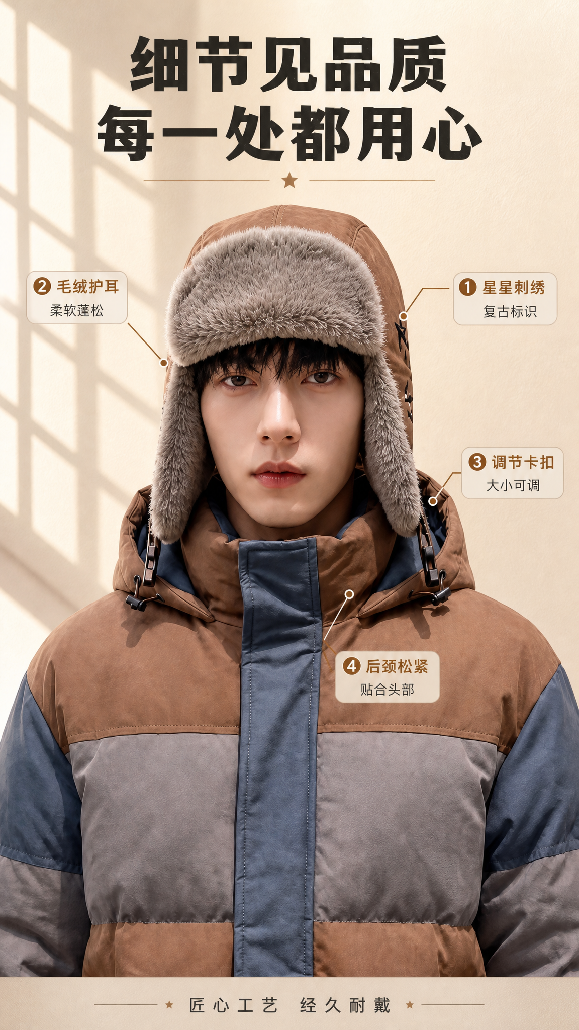 [商品] 使用【图3】模特正面佩戴棕色拼色款雷锋帽；保留帽子结… - 图片创意预览