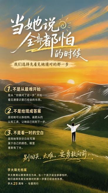 在原图基础上添加文字排版，填入指定文案：主标题'当她说全部都怕的时候'，副标题'我们选择先看见她猜对的那一步'，三个小标题分别为：1.不是从最难开始，内容：是从'你猜对了这一步'开始——看见潜意识里已预览效果