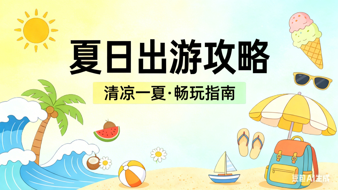 在保留原图所有元素和文字布局的基础上，丰富夏日出游相关的可爱手绘元素，添加椰子、西瓜、墨镜、人字拖、小雏菊等夏日元素，分布在画面空白处，保持原图的清新治愈手绘风格，色彩明亮活泼预览效果
