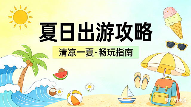 在保留原图所有元素和文字布局的基础上，丰富夏日出游相关的可爱手绘元素，添加椰子、西瓜、墨镜、人字拖、小雏菊等夏日元素，分布在画面空白处，保持原图的清新治愈手绘风格，色彩明亮活泼