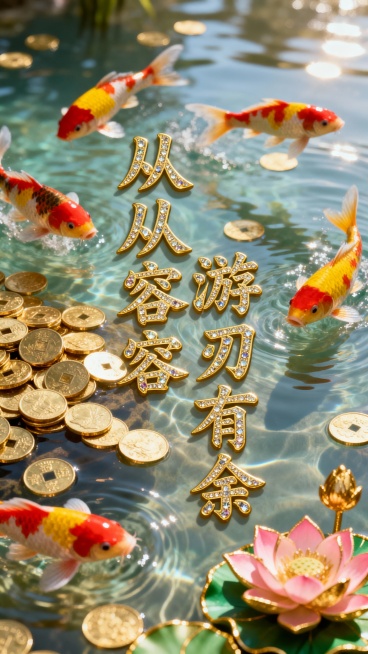 主体为金子做的“从从容容 游刃有余”，上面镶嵌珠宝，毛笔书法字体竖排版，背景：金币散落在清澈水中，还有锦鲤，鲤鱼跳龙门的雀跃景象，暖阳光在硬币和水波纹上投射清晰高光与阴影，奢华金色调，还有河水的清澈流预览效果