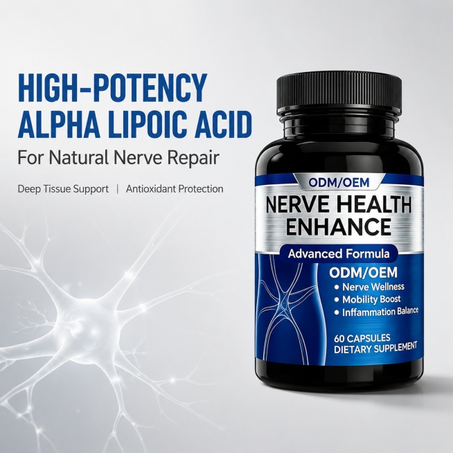 [主图-2] 核心功效展示，High-potency Alpha Lipoic Acid for Nerve Repair。
[氛围风格] 专业功能展示，简洁清晰，低饱和柔和背景，符合跨境保健品调性。预览效果