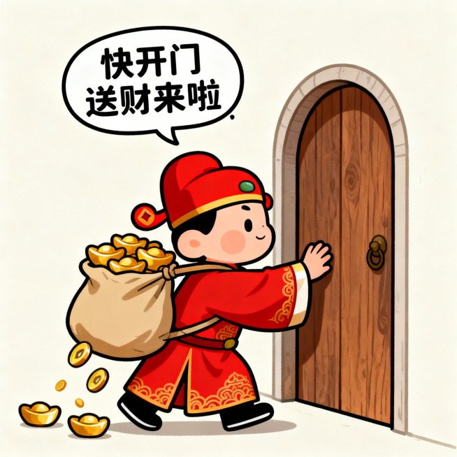 画面核心是Q版财神爷形象，身着红色锦袍、头戴红帽，肩挑装满金元宝的布袋，造型喜庆讨喜，是中式民俗中招财纳福的经典符号。元宝从布袋中掉出，面前有一扇拱形木门，财神爷，抬手叩门，背景米白色，头上一行对话框预览效果