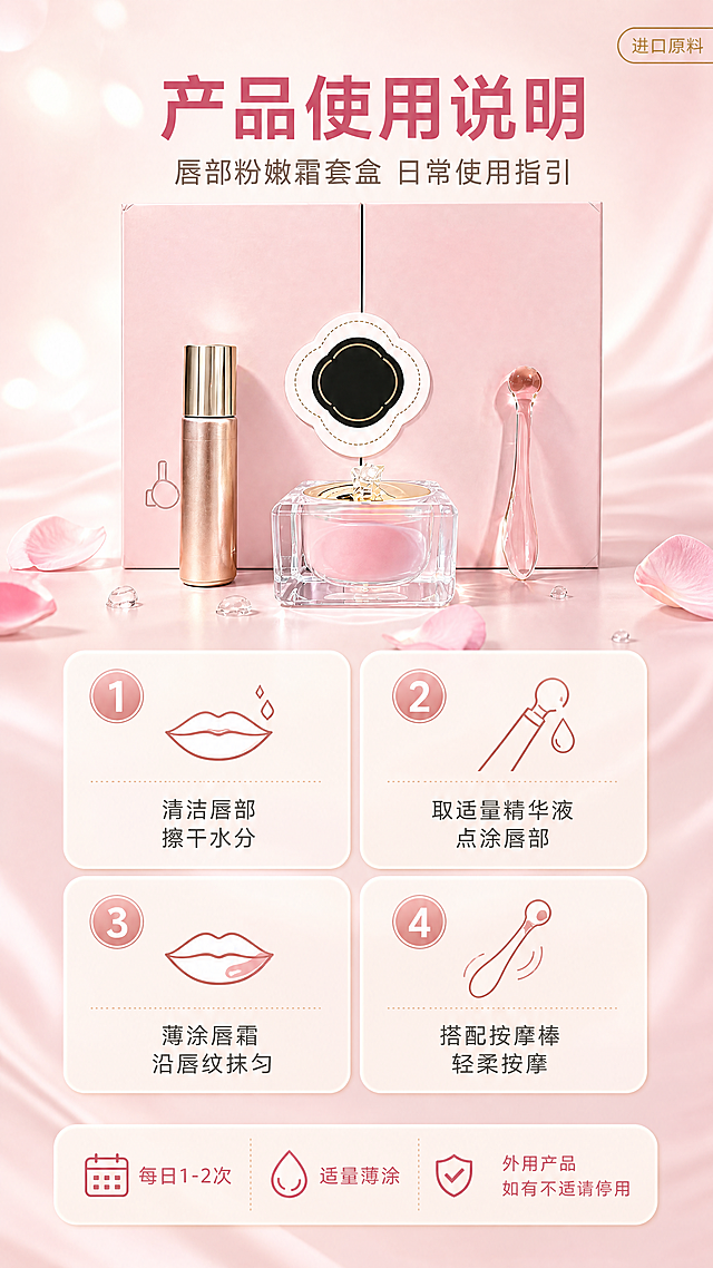 [商品] 使用【图1】的套盒产品素材：粉色对开礼盒、玫瑰金唇部精华管（滚珠头）、方形水晶唇霜罐（内含玫粉色膏体）、粉色玻璃按摩棒；保留包装原有品牌与文字、结构与粉金配色，不变形不换色、不改写商品本体文字。
[画面] 目标：单张「产品使用说明」详情页；9:16竖构图，自上而下三段式：顶部标题区放主标题与副标题；中部偏上放套盒产品标准照（礼盒、精华管、唇霜罐、按摩棒并列陈列于粉色台面），占画面约35%；中部偏下为四个奶白圆角步骤卡按2×2排列，每卡一个圆形序号与一个小图标配短句；底部信息条放三条使用提示；阅读动线自上而下，层级清晰，正文字号保证手机端可读。
[视觉] 套系策略：风格=拼多多直白清晰粉调柔光商业摄影；标题字=现代无衬线粗体；正文字=简洁无衬线体；主色=柔雾浅粉；背景延展=浅粉到奶白渐变、花瓣与柔光光斑、轻微丝绸质感；强调色=玫瑰金，仅用于小面积图标、引线和标签；标题色=深玫红；正文色=暖灰粉；组件=奶白半透明圆角步骤卡、圆形序号、细线引线；光影=左前侧柔光箱光，产品接触阴影柔和。
[文字] 主标题"产品使用说明"最大号加粗；副标题"唇部粉嫩霜套盒 日常使用指引"；四个步骤卡文案：序号1"清洁唇部 擦干水分"、序号2"取适量精华液 点涂唇部"、序号3"薄涂唇霜 沿唇纹抹匀"、序号4"搭配按摩棒 轻柔按摩"；底部信息条"每日1-2次""适量薄涂""外用产品 如有不适请停用"；所有文字仅横向排版，不遮挡产品与步骤卡。
[规格] 9:16竖版，4K；避免产品变形、错字乱码、字号过小、水印、平台Logo、竖排文字；禁止出现淡斑、美白、抑制黑色素、粉嫩功效、乌紫、脱屑、代谢、乳晕等表述。