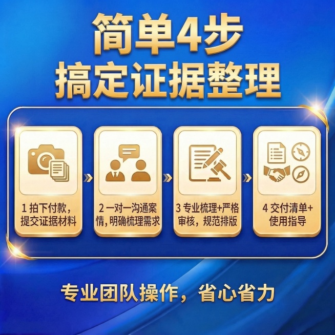 完全保留原图的蓝金配色、四步横向卡片排版、流程内容、底部副标题全部不变，仅调整主标题排版：将“简单4步”作为第一行主标题，字号放大，“搞定证据整理”作为第二行副标题，保持字体和整体排版协调，其他所有元预览效果