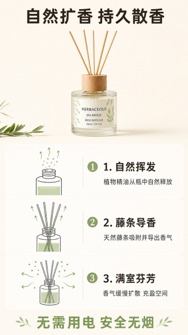 [第4屏] 无火香薰扩香原理展示屏。
[氛围/风格] 简约科普风，浅米色背景，清晰直观，生动易懂。
[元素布局] 上方放置整瓶原产品图，保持结构颜色和原图一致。中间用三步示意图展示扩香原理：第一步精油预览效果