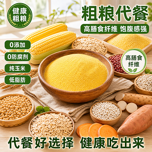 [主图-9] 玉米面粗粮代餐 高膳食纤维 健康理念。
[氛围风格] 拼多多风格 大字直白 健康营养风 粗粮代餐 饱腹感强；
[画质] 商业摄影质感 光线清新明亮 画面干净健康 有营养感 超高清。
[元素] 画面主体为一碗金黄的玉米面和一桌健康粗粮食材 玉米面碗在中心 周围环绕着新鲜玉米 燕麦片 红薯 山药 小米 红豆等各种粗粮食材 摆放在浅木色餐桌上 背景为明亮的厨房窗边 有阳光洒入 绿色植物点缀 整体健康粗粮代餐氛围浓厚 画面中有一个营养成分图标悬浮在旁 标注"高膳食纤维"。**保持玉米面颜色金黄细腻 质感真实 与输入产品图一致 杜绝任何变形和色差 精细化处理**。玉米面主体占比约40% 周围粗粮食材占比约40% 画面满屏无边框。
[光影] 明亮自然光 从左侧窗户射入 食材表面有清新的光泽 整体暖白调 明亮通透 有健康清新感。
[配色] 主色暖金黄色（玉米面）；辅色浅木色+白色+绿色（植物）；强调色翠绿（健康标签）。
[视角构图] 俯视角度 餐桌全景 玉米面碗在中心 各种粗粮呈放射状围绕 构图平衡饱满 背景窗户虚化 突出桌面食材。
[文字版式] 右上负空间右对齐 大字主标题"粗粮代餐" 粗体翠绿色 最大号；下方"高膳食纤维 饱腹感强" 白色粗体约半高 带绿底；左侧四个营养标签竖排 上"0添加" 中"0防腐剂" 下"纯玉米" 最下"低脂肪" 绿底白字圆角标签；底部文字"代餐好选择 健康吃出来" 深绿色粗体。左上角圆形徽章"健康粗粮" 绿底白字。
[输出要求] 1:1比例 文字清晰锐利 超高清商业摄影质感。
[负向提示词] 变形 文字错乱 产品图模糊 背景杂乱 水印 电商平台Logo 多余的手 畸形手 人物面部扭曲。