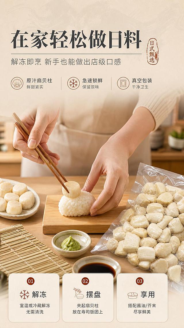 [商品] 使用【图1】原汁扇贝柱；保留扇贝柱米白色色泽、饱满颗粒形态、真空包装；商品处理：展示手部操作扇贝柱的真实动作，保留产品原貌特征。
[画面] 目标展示烹饪操作真实感，手部操作型构图，亚洲女性手部正在用筷子夹起扇贝柱摆放到寿司饭团上，动作自然，旁边放有真空包装袋、寿司帘、山葵、酱油碟等日料道具，背景为日式料理台，产品与手部占画面65%，中景清晰，背景虚化。
[视觉] 套系策略：风格=日式高级生鲜商业摄影；标题字=日式衬线粗体；正文字=简洁无衬线体；主色=米白暖杏；背景延展=基于米白暖杏做深浅层级、同色渐变和木质/和纸质感；强调色=深赭石，仅用于小面积图标、引线和标签；标题色=深炭灰；正文色=中暖灰；组件=圆角浅底信息卡、细线引线、日式印章元素；光影=左前侧暖柔光，自然通透。
[文字] 上部放主标题"在家轻松做日料"，副标题"解冻即烹 新手也能做出店级口感"，右下角配3步简易做法（解冻、摆盘、享用），文字横向排版。
[规格] 图片比例9:16竖版，4K，避免变形、错字、文字过小、手部动作僵硬、扇贝柱颜色改变。