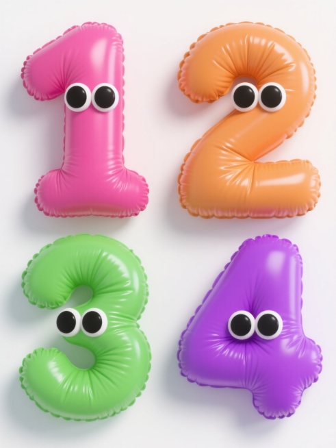 一组4个不同配色规整排布的3D立体数字素材，每个数字都采用膨胀效果的艺术字设计，字体圆润饱满，具有光滑且有光泽的充气塑料材质感，表面清晰呈现充气后的自然褶皱，立体感强烈，所有数字分别为“1”、“2”、“3”、“4”，每个数字都搭配一对黑色圆形大眼睛，背景为纯白色。预览效果