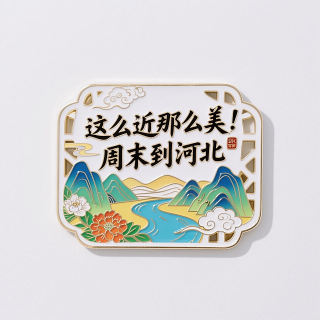 河北金属珐琅冰箱贴，中国风，山川，河流，祥云、花卉装饰而成，不规则边框，镂空设计，手写大字标题写着“这么近那么美，周末到河北”，配色鲜艳明亮，背景白色