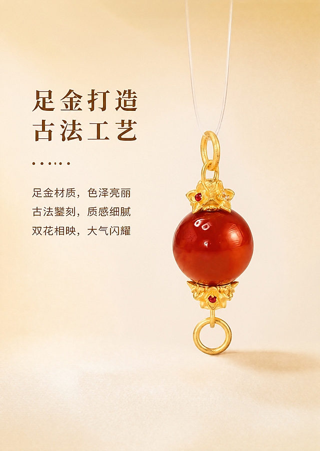 [商品] 使用【图4】悬挂南红圆珠款螺丝扣正面图；保留双花头造型、南红圆珠色泽、红宝石与白蓝宝石镶嵌、古法金砂面肌理、足金原色、上下圆环结构；禁止改结构、变形、发白过曝，古法金砂面质感清晰。
[画面] 页面目标：产品细节第4点——足金打造 古法工艺；构图：左右分栏（左45%文，右55%图）；右侧产品图居中，展示南红款整体金体质感与古法肌理；左侧文字右上对齐；阅读动线：左文右图，突出材质工艺。
[视觉] 套系策略：风格=古法金轻奢雅致商业摄影风；标题字=宋体衬线粗体；正文字=黑体无衬线常规体；主色=浅米金#FFF8E6；背景延展=浅米金到米白的竖向渐变，整体暖调；强调色=深棕色#6B4423；标题色=深棕色#6B4423；正文色=深棕色#6B4423；组件=六个点"......"装饰分隔线；光影=左上方45°暖柔光，产品底部柔和投影，古法金砂面颗粒感自然。
[文字] 左侧卖点区：小标题"足金打造 古法工艺"（粗宋），正文三行"足金材质，色泽亮丽""古法錾刻，质感细腻""双花相映，大气闪耀"（黑体）；所有文字横排，不遮挡产品主体。
[规格] 图片宽度850px，高度约1200px（竖版），分辨率4K；负向提示：避免产品变形、改结构、发白过曝、死黑阴影、冷蓝背景、文字竖排、文字遮挡产品、古法金肌理丢失。