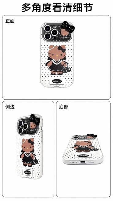 [第7屏] 多角度展示屏，展示黑皮hellokitty手机壳不同角度外观。本屏使用【图1】作为商品主体。
[氛围/风格] 多视角展示，清晰呈现全方面外观，专业产品展示质感。
[元素布局] 三格拼图排版预览效果
