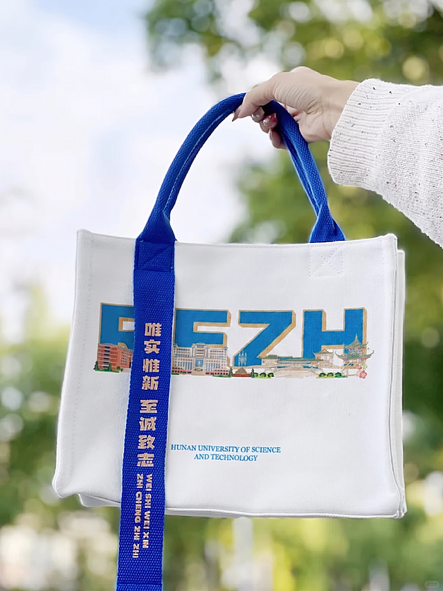 将帆布袋上的大写字母HNUST修改为REZH，保持整体风格、颜色和校园建筑装饰不变，其他内容保持原样