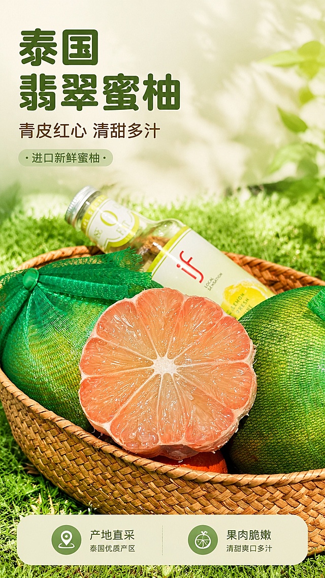 [第1屏] 详情页头图-泰国翡翠红心蜜柚新品宣传图。本屏使用【图6】作为商品主体。
[氛围/风格] 清新自然高级风，干净清新背景，自然光影，生鲜商业摄影质感，突出新鲜水果的食欲感。
[元素布局] 泰国蜜柚主体放置在画面中下区域，占比约70%，编织篮放置在绿草地场景背景，左上预留标题区，背景点缀自然青草，保持蜜柚外形结构、果肉颜色与输入产品图一致，主体清晰突出。
[光影质感] 自然光从左上方照射，柔和自然阴影，保留蜜柚果皮果肉的高光，整体明亮通透，突出果肉晶莹水润质感。
[配色色系] 全局底色 #F5F5DC，主色浅绿草地色，辅助色暖棕色编织篮，米白色背景。
[视角构图] 正面平视角度，产品为绝对视觉中心，阅读动线为左上标题 → 中下产品主体 → 底部信息条。
[文字版式] 版式为左上标题 + 中下产品 + 底部信息条。主标题「泰国翡翠蜜柚」，副标题「青皮红心 清甜多汁」，圆角黑体，左对齐；标题下方小字装饰「进口新鲜蜜柚」；底部信息区域标注核心卖点「产地直采 果肉脆嫩」，文字不遮挡主体蜜柚。
[比例分辨率] 9:16 竖版比例，4K分辨率，文字清晰可辨，高清画质。
[负向提示词] 果肉变形，缺件错件，颜色偏差，水印，文字错乱，产品图模糊，背景杂乱，违规词，极限词