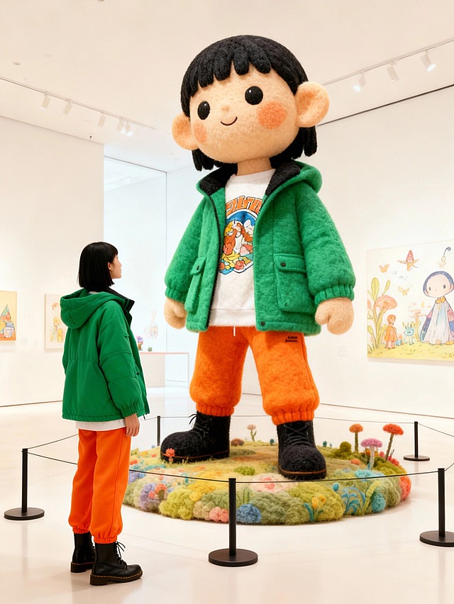 把图片主体做成充满创意和梦幻色彩的绘本风格的巨型毛毡艺术卡通风格雕塑放置在画面中心（主体的穿搭保持不变），主体站在一旁欣赏（与巨型主体形成比例反差），围栏隔离展示，背景是明亮的艺术展厅