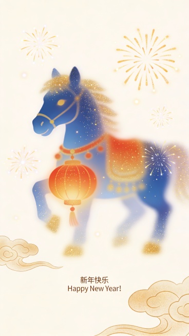 极简插画，虚实结合，模糊暖金颗粒肌理，单一的纯色背景，模糊感+颗粒感+肌理感+朦胧感，清新淡雅，治愈配色，色彩冷暖对比强烈，强调梦幻温暖的氛围感，微光，隐约看出生肖马与灯笼的形态，周围有闪烁的烟花与祥预览效果