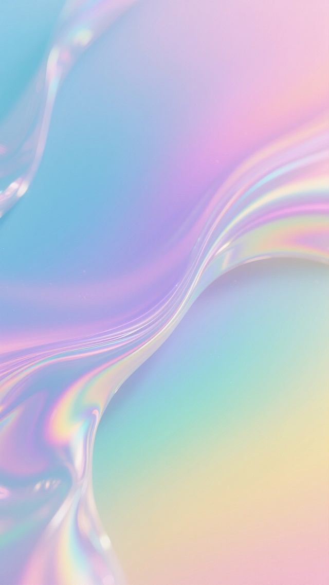 柔和流动的镭射光泽背景，融合粉蓝、淡紫、薄荷绿、鹅黄等多种渐变配色，色彩如液态般自然晕染过渡，表面覆盖细腻的彩虹珠光质感，光线折射形成柔和的高光与朦胧阴影，整体呈现梦幻、轻盈、充满活力的治愈系氛围，色彩明亮通透且富有层次感，无明显主体图形，仅以渐变色彩和镭射光泽构成抽象背景。