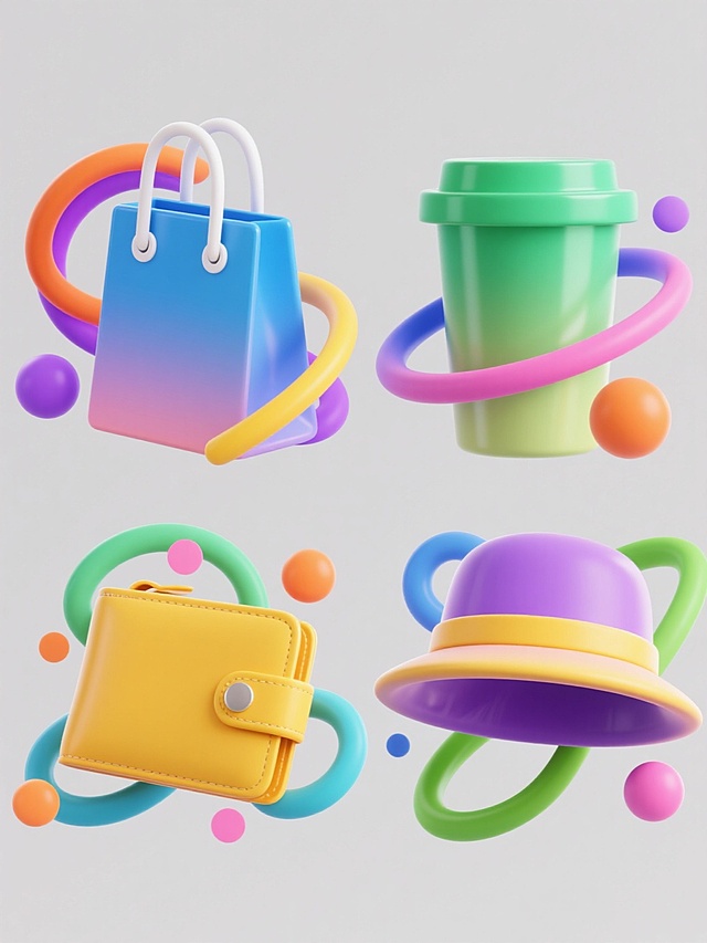 系列素材集合，规整排布于纯色背景上，包含四个同风格、同类目的完全不同元素内容：第一个是具有光滑渐变质感的蓝色购物袋，配有白色圆形提手孔，周围环绕着橙色、紫色的流动线条和黄色、粉色的圆形装饰；第二个是同样风格的绿色水杯，杯身有细腻的光泽过渡，旁边点缀着蓝色、粉色的弧线和橙色、紫色的小圆形元素；第三个为黄色钱包，表面光滑有渐变效果，周围分布着绿色、蓝色的曲线和粉色、橙色的圆点装饰；第四个是紫色帽子，呈现出柔和的渐变质感，搭配着黄色、绿色的流动线条和蓝色、粉色的圆形点缀。所有元素均采用3D立体风格，拥有鲜明的色彩渐变、光滑的表面质感、统一的光影处理，保持了相同的构图布局和视觉层级，整体画面简洁明快，色彩协调且每个元素的颜色与原图不同但风格统一。