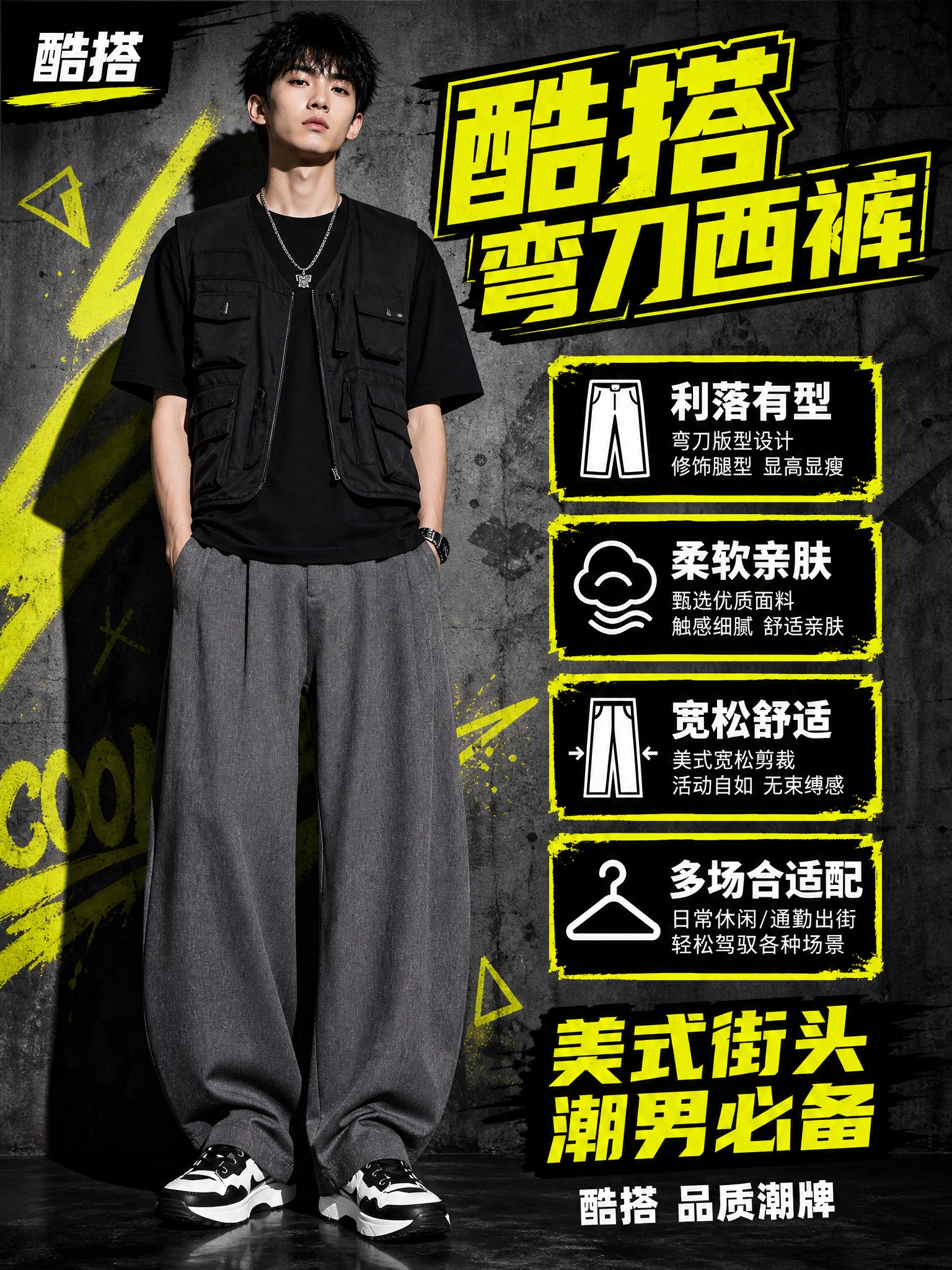 [主图-5] 主题：潮酷卖点总结+穿搭效果 收尾转化图，核心任… - 图片创意预览