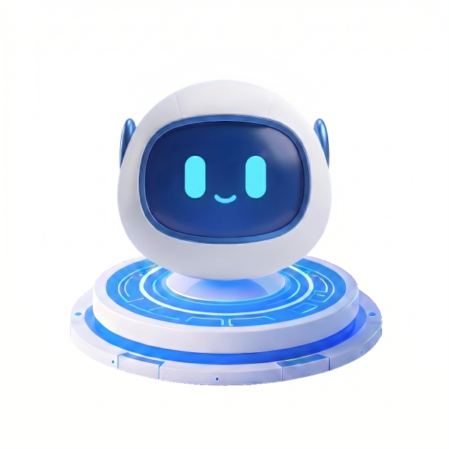 将机器人头部造型调整为新上传图片的造型，保留原来的圆盘底座、正视角、蓝白青配色、表情设计，整体调整为统一的3D科技风格，白色背景预览效果