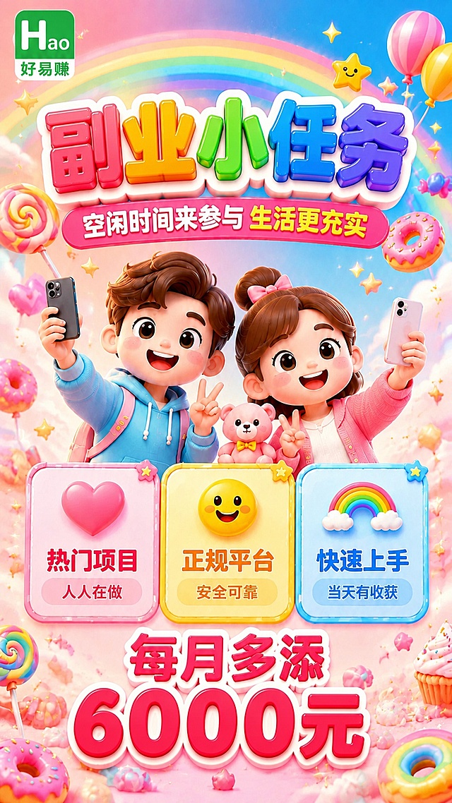 在保持当前活力橙黄3D Q版风格和人物形象完全不变的基础上，做以下修改：

1. 左上角添加好易赚logo：绿色圆角方形背景，白色H字母+ao，下方白色圆角框内绿色"好易赚"三个字，logo大小适中，位置在左上角，清晰可见
2. 主标题改为："副业小任务"
3. 副标题改为："空闲时间来参与 生活更充实"
4. 三张卡片文字改为：
  卡片1："热门项目" + "人人在做"
  卡片2："正规平台" + "安全可靠"
  卡片3："快速上手" + "当天有收获"
5. 底部大标题改为："每月多添6000元"，红色立体字，数字"6000"精确不变
6. 避免使用"赚/赚钱/提现/收益/月入/工资"等敏感词，用更温和的表达
7. 人物和装饰元素保持不变，橙黄配色保持

数字精确锁定："6000元"。所有数字必须精确渲染。无二维码。版式精美，文字间距舒适。