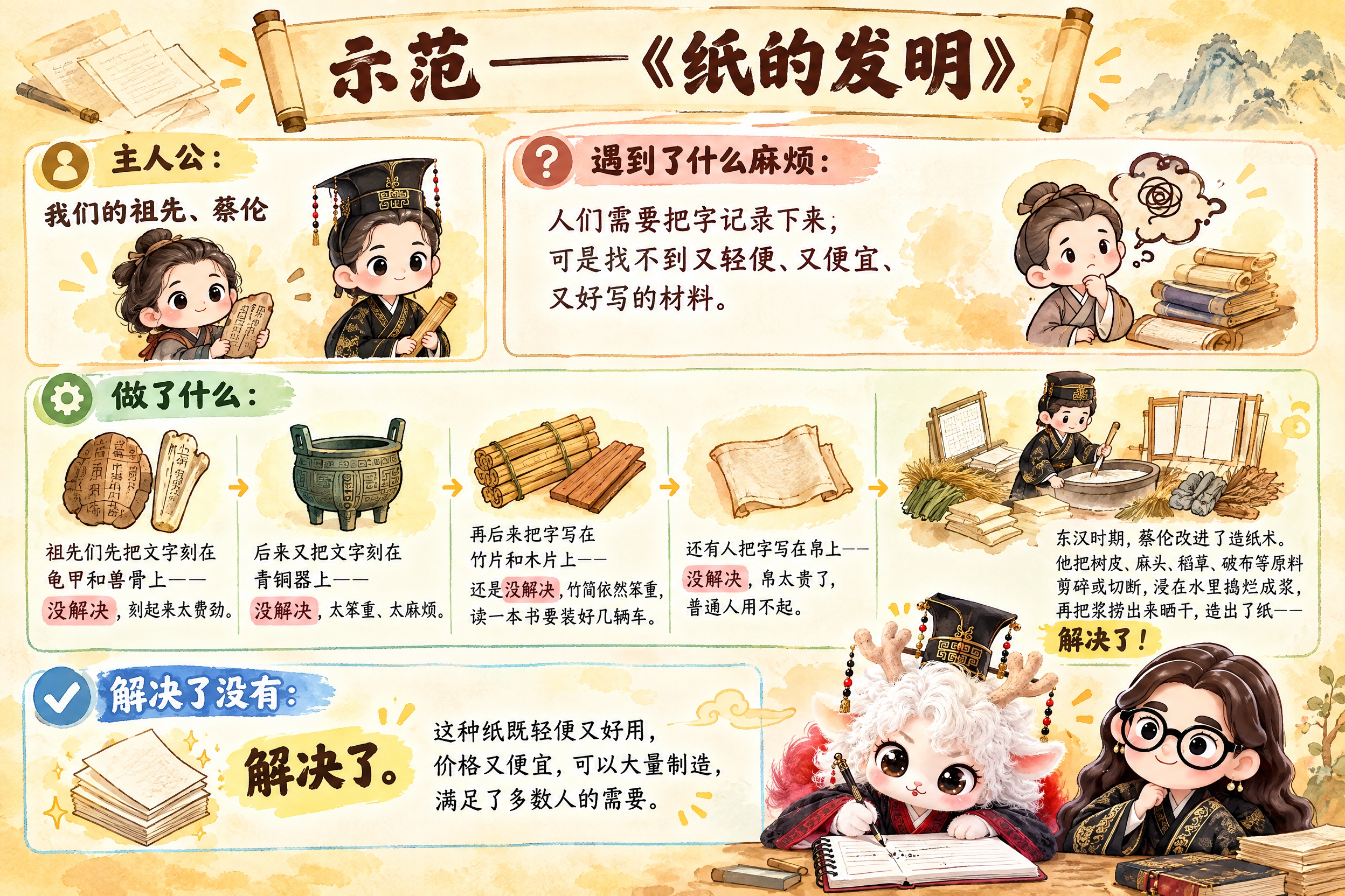 横版6寸比例的知识卡片设计，标题为"示范——《纸的发明》"，内… - 图片创意预览